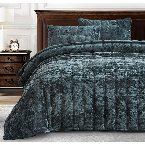Chezmoi Collection Piers Storm Blue Velvet Quilt Oversized King Set, 3-Piece Plush Distressed Velvet Bedding All Season Lightweight Bedspread, Brushed Microfiber Reverse with Double Square Stitch