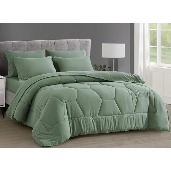 Chezmoi Collection Piper Full Bed in a Bag 7-Pieces Honeycomb Geometric Hexagon Quilted Stone Washed Microfiber Comforter with Sheets Lightweight All Season Bedding Set, Full, Sage Green