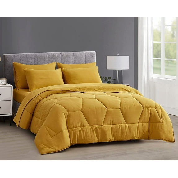 Chezmoi Collection Piper Oversized King Bed in a Bag 7-Pieces Honeycomb Geometric Quilted Stone Washed Microfiber Comforter with Sheets Lightweight All Season Bedding, Oversized King, Mustard Yellow