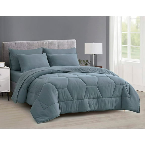 Chezmoi Collection Piper Oversized King Bed in a Bag 7-Pieces Honeycomb Geometric Quilted Stone Washed Microfiber Comforter with Sheets Lightweight All Season Bedding, Oversized King, Dusty Blue