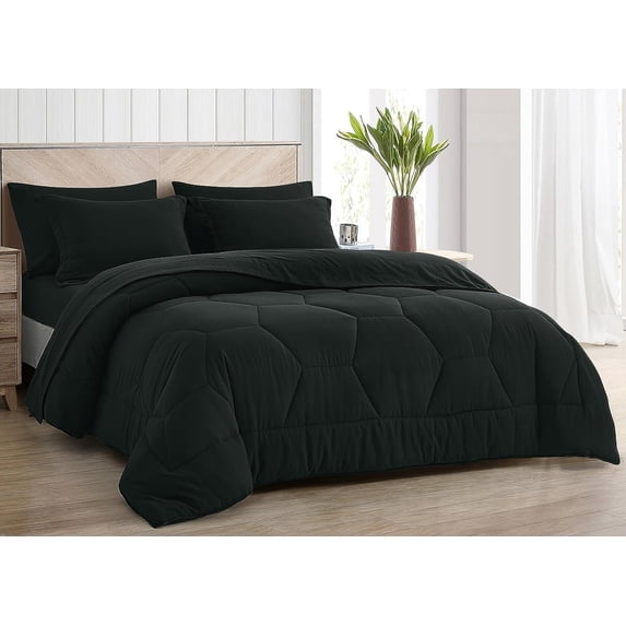 Chezmoi Collection Piper Oversized Queen Bed in a Bag 7-Pieces Honeycomb Geometric Hexagon Quilted Stone Washed Microfiber Comforter with Sheets Lightweight All Season Bedding, Oversized Queen, Black