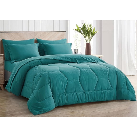 Chezmoi Collection Piper Oversized Queen Bed in a Bag 7-Pieces Honeycomb Geometric Hexagon Quilted Stone Washed Microfiber Comforter with Sheets Lightweight All Season Bedding, Oversized Queen, Teal