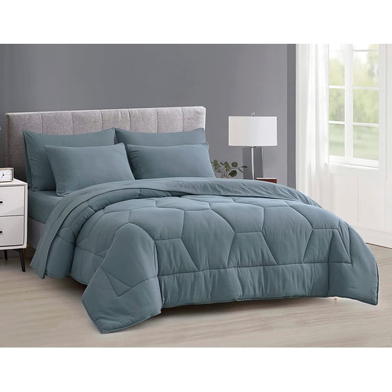 Chezmoi Collection Piper Oversized Queen Bed in a Bag 7-Pieces Honeycomb Geometric Quilted Stone Washed Microfiber Comforter with Sheets Lightweight All Season Bedding, Oversized Queen, Dusty Blue