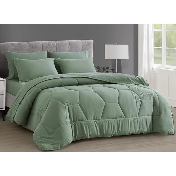 Chezmoi Collection Piper Queen Bed in a Bag 7-Pieces Honeycomb Geometric Hexagon Quilted Stone Washed Microfiber Comforter with Sheets Lightweight All Season Bedding Set, Queen, Sage Green