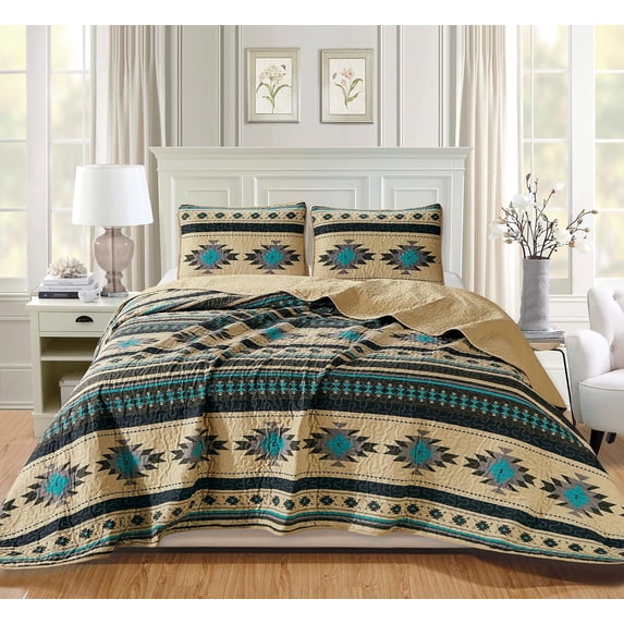 Chezmoi Collection Prescott 2-Piece Southwestern Multi-Color Teal Quilt Bedspread Set, Twin