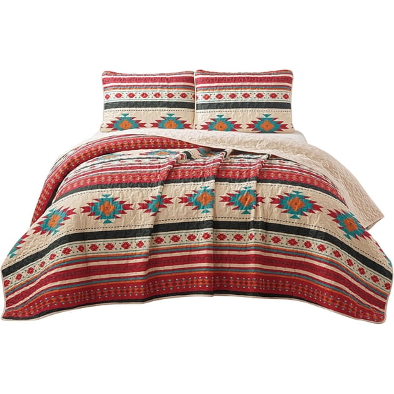 Chezmoi Collection Prescott 3-Piece Southwestern Multi-Color Cream Quilt Bedspread Set, King