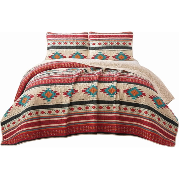 Chezmoi Collection Prescott 3-Piece Southwestern Multi-Color Cream Quilt Bedspread Set, Queen