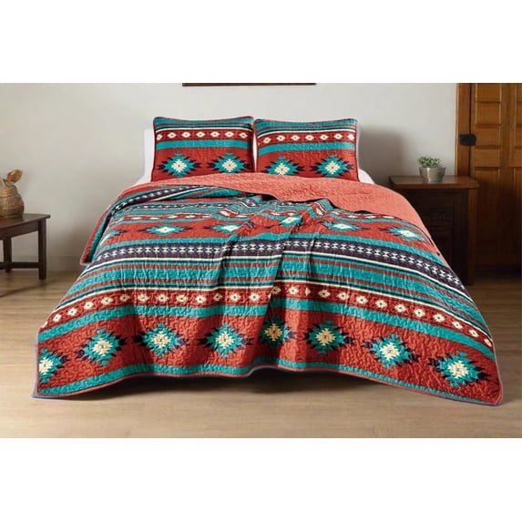 Chezmoi Collection Prescott 3-Piece Southwestern Multi-Color Red Quilt Bedspread Set, Full