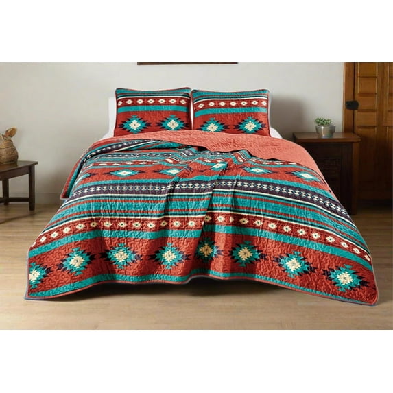 Chezmoi Collection Prescott 3-Piece Southwestern Multi-Color Red Quilt Bedspread Set, Queen