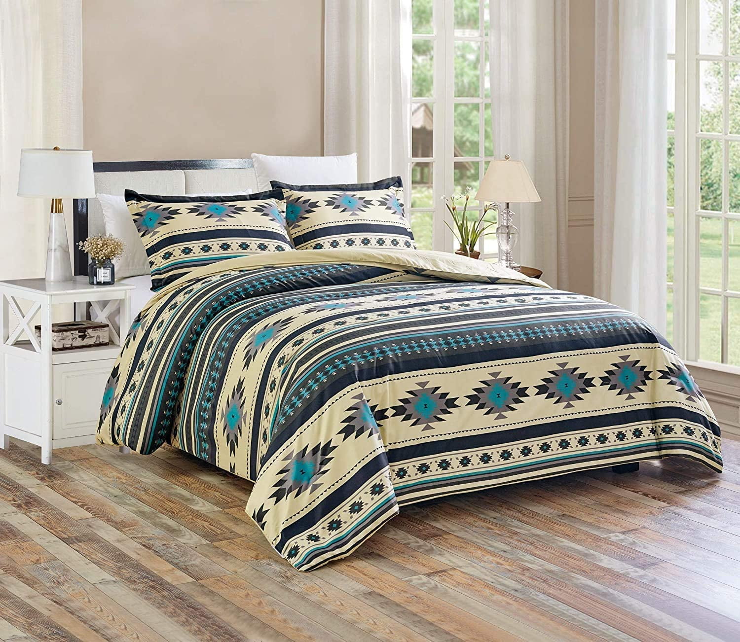 Teal and Beige Southwestern Microfiber King Comforter Set