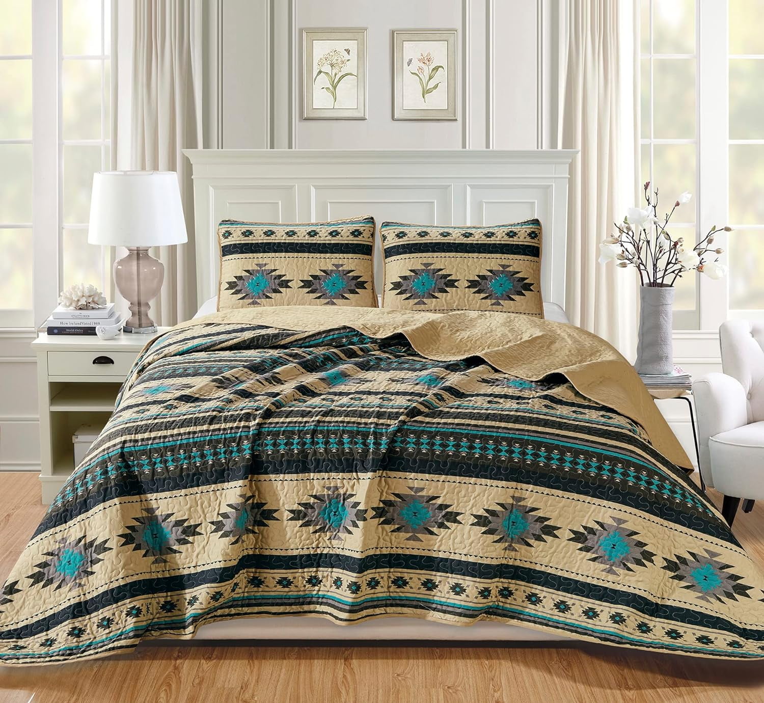 Chezmoi Collection Prescott 3-Piece Southwestern Multi-Color Teal Quilt Bedspread Set, Full