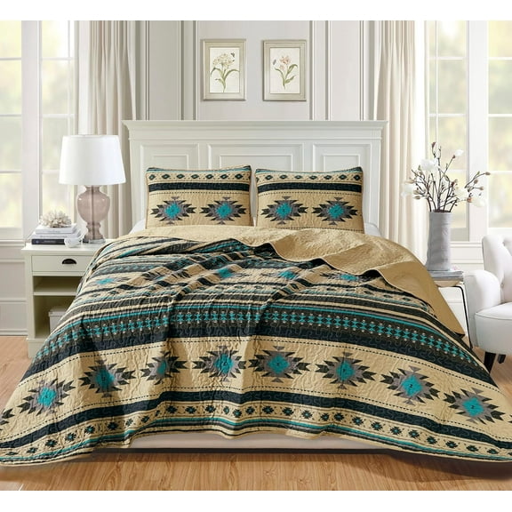 Chezmoi Collection Prescott 3-Piece Southwestern Multi-Color Teal Quilt Bedspread Set, King