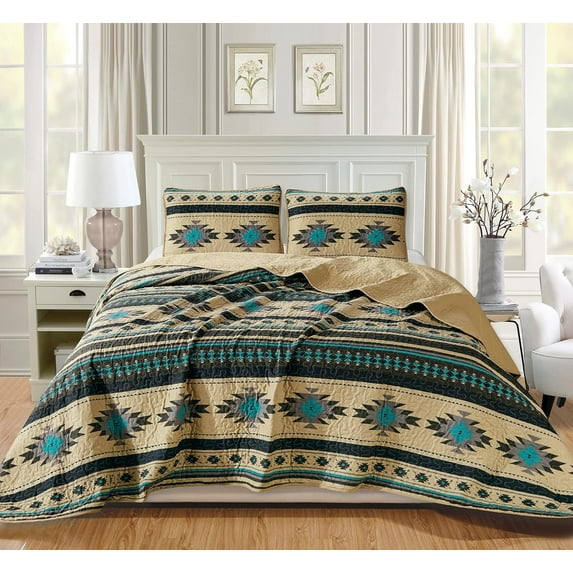 Chezmoi Collection Prescott 3-Piece Southwestern Multi-Color Teal Quilt Bedspread Set, Queen