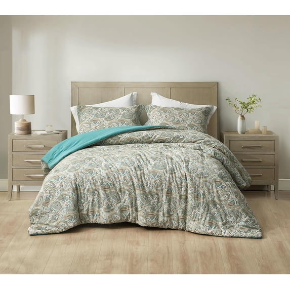Chezmoi Collection Presley 2-Piece Washed Cotton Comforter Set Twin Size, Elegant Teal Ivory Brown Paisley Floral Printed Bedding Set Reversible Lightweight Comforter for All Season