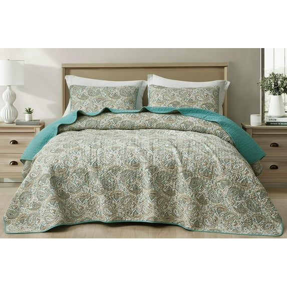 Chezmoi Collection Presley 3-Piece Printed Paisley Floral Cotton Quilt Set Oversized King Size, Elegant Teal Ivory Brown Paisley Floral, Stone Washed Cotton Breathable Lightweight Bedspread Set