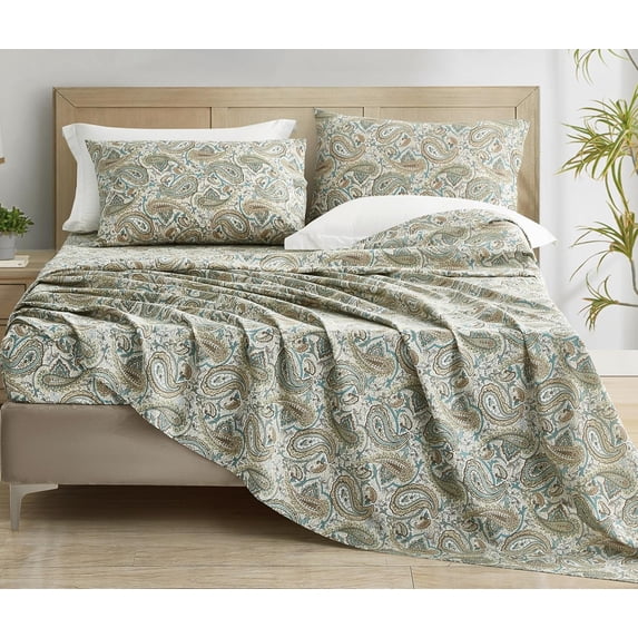 Chezmoi Collection Presley 4-Piece Paisley Cotton Sheet Set Queen, Elegant Teal Ivory Brown Paisley Floral Printed 100% Cotton Bed Sheets