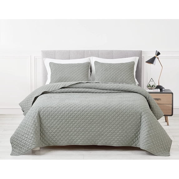 Chezmoi Collection Pucker 3-Piece King Size Bedspread Coverlet Set , Crinkle Textured Diamond Bedding Cover Quilt Set, Gray