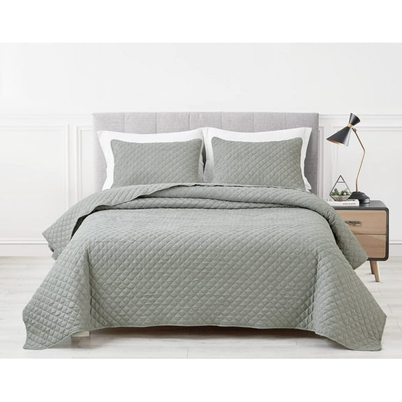 Chezmoi Collection Pucker 3-Piece Queen Size Bedspread Coverlet Set , Crinkle Textured Diamond Bedding Cover Quilt Set, Gray