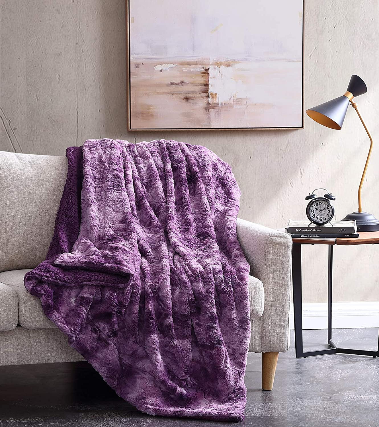 Chezmoi Collection Purple King Bed Blanket Faux Wolf Fur Sherpa Fleece Throw Blanket