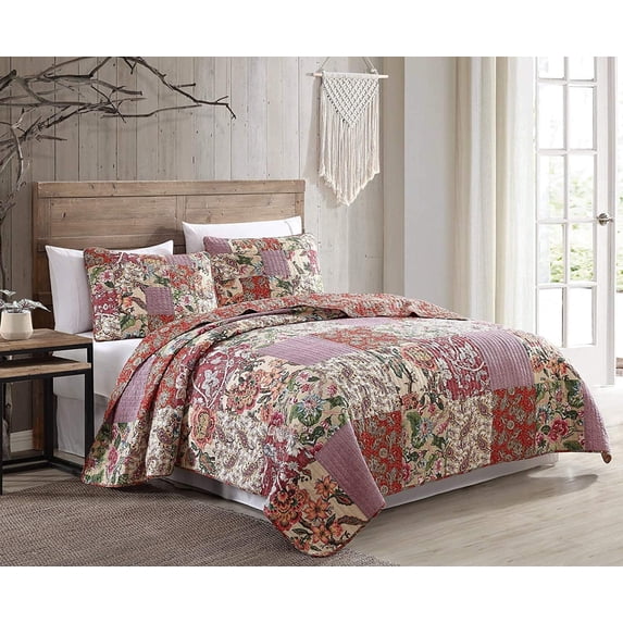 Chezmoi Collection Rae 3-Piece Floral Patchwork Vintage Washed 100% Cotton Quilt Set, King