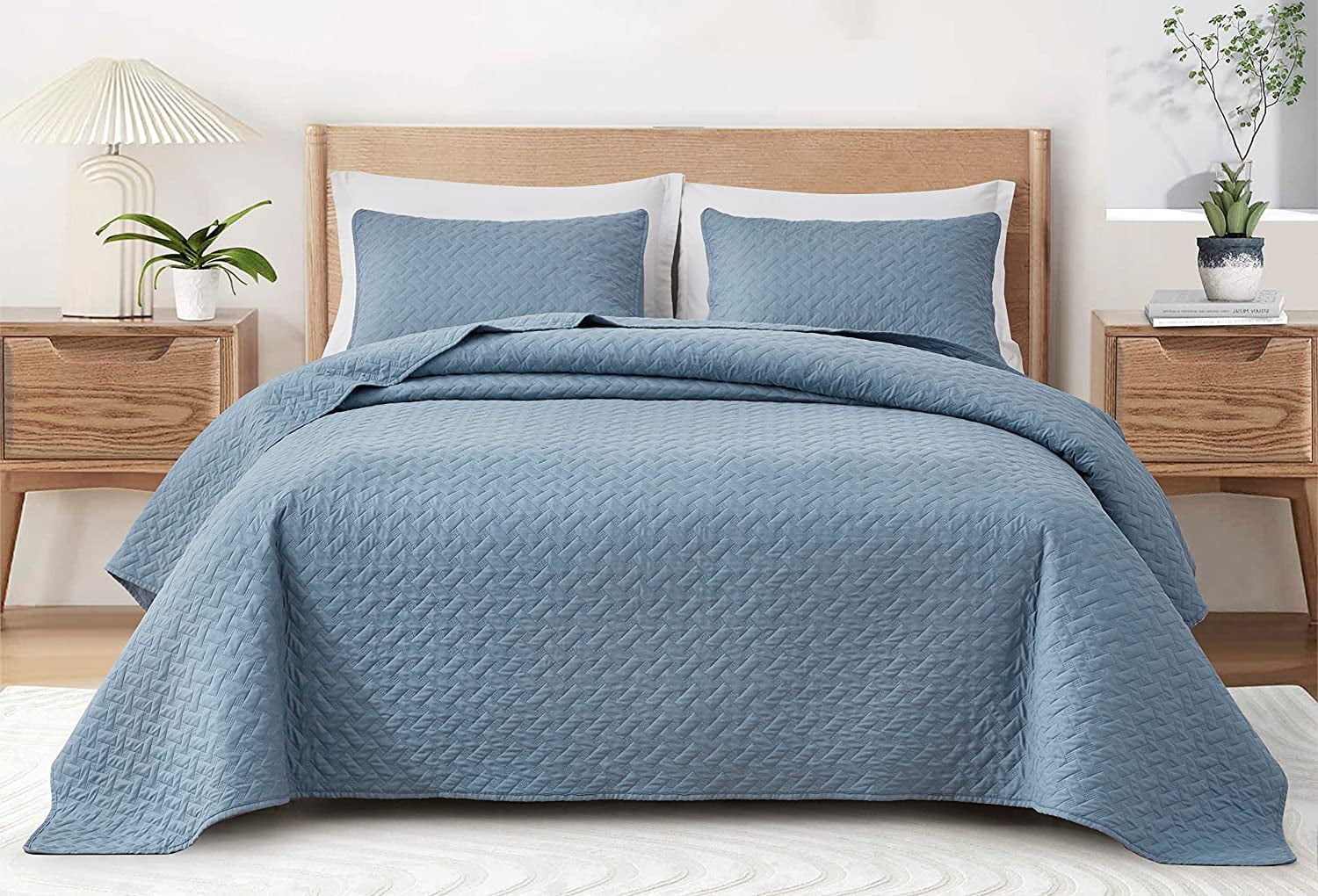 Chezmoi Collection Randall 3-Piece Soft Cooling Bamboo Fiber Quilt Bedspread Basketweave Quilted Coverlet Set (King, Blue)