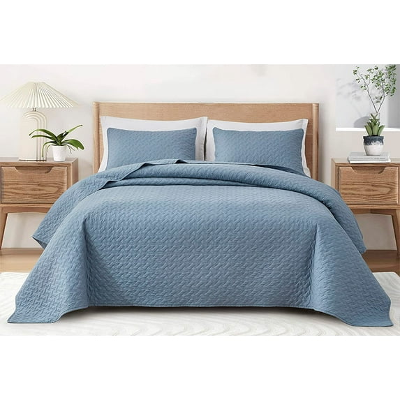 Chezmoi Collection Randall 3-Piece Soft Cooling Bamboo Fiber Quilt Bedspread Basketweave Quilted Coverlet Set (Queen, Blue)