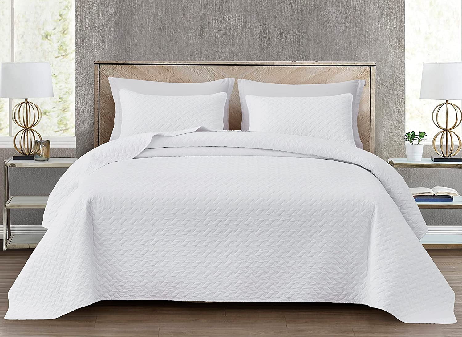 Chezmoi Collection Randall 3-Piece Soft Cooling Bamboo Fiber Quilt Bedspread Basketweave Quilted Coverlet Set (Queen, White)