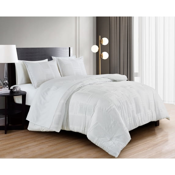 Chezmoi Collection Reina White Clip Jacquard Geometric 7-Piece Bed in a Bag Comforter Set, Full, Striped Pattern Waffle Textured Bedding with Sheets Set