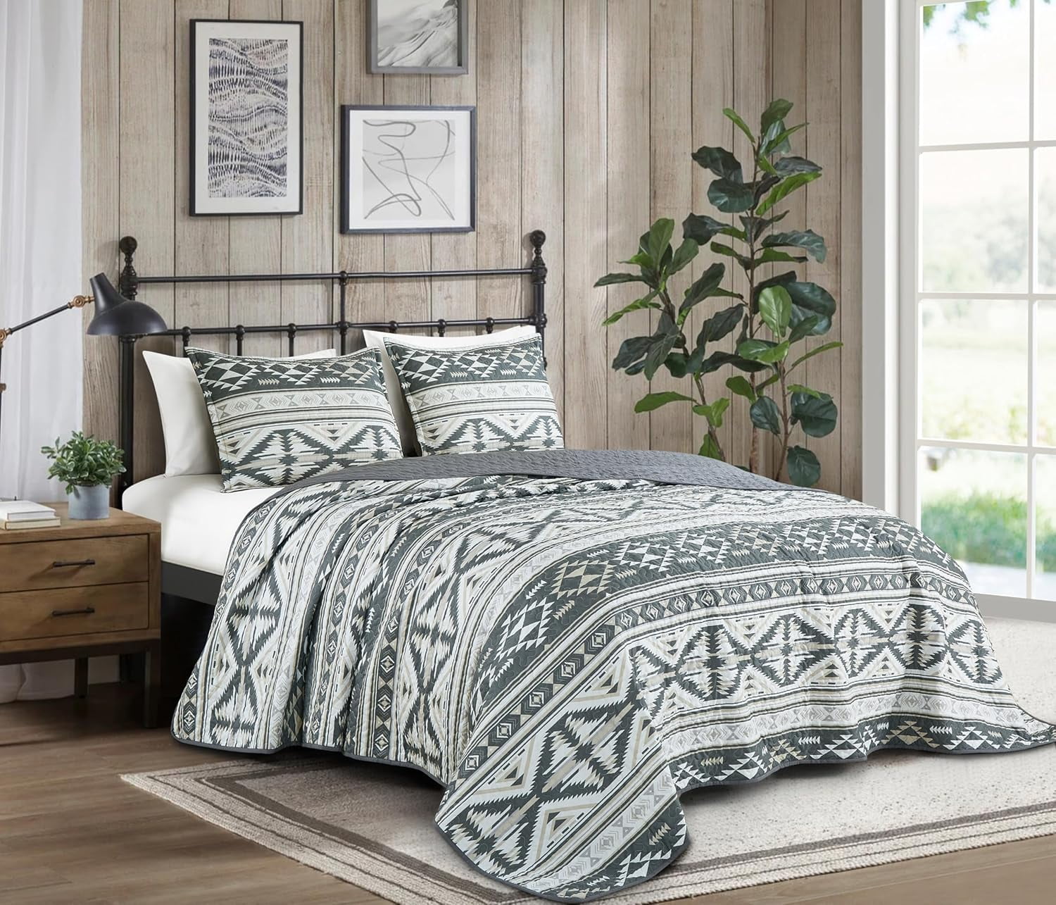 King White and Gray Southwestern Geometric Microfiber Quilt Set