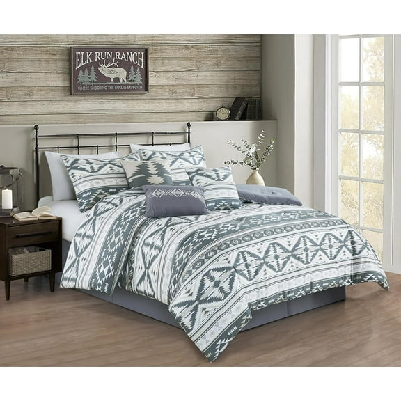 Chezmoi Collection Remy 7-Piece Southwestern Geometric Motif Comforter Set, Multicolor Gray White Light Brown Printed Washed Microfiber Bedding, Full