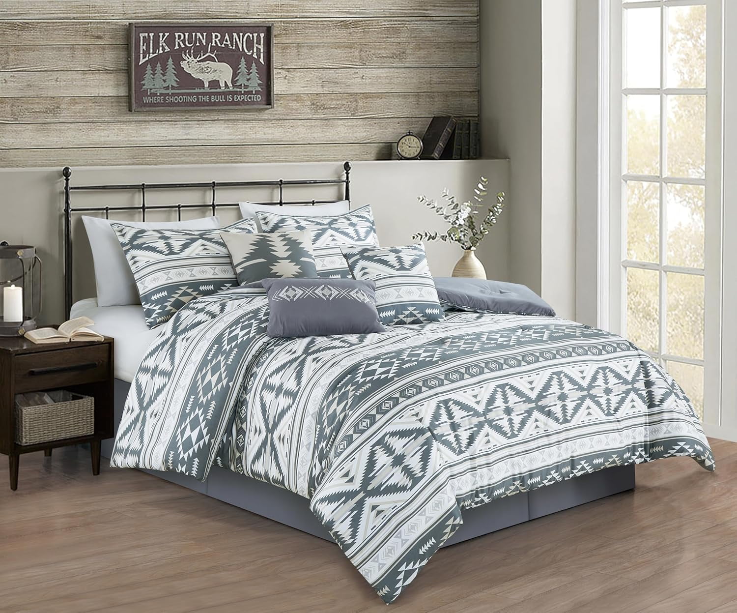 Chezmoi Collection Remy 7-Piece Southwestern Geometric Motif Comforter Set, Multicolor Gray White Light Brown Printed Washed Microfiber Bedding, Queen