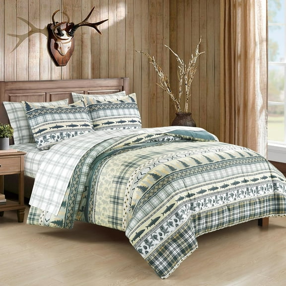 Chezmoi Collection Ridge 7-Piece Northwest Cabin Lodge Bed in a Bag California King Comforter Set, Multicolor Pine Tree Fish Deer Printed Microfiber Bedding Set