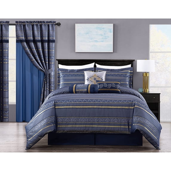 Chezmoi Collection Rio 7-Piece California King Jacquard Comforter Set, Blue Gold Floral Geometric Damask Woven Bedding Set
