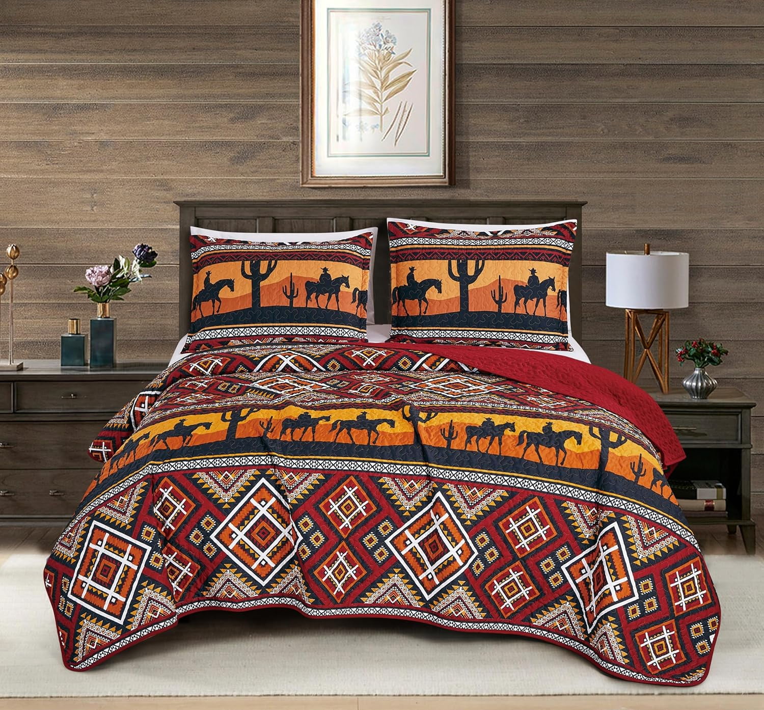 Chezmoi Collection Rodeo 2-Piece Southwestern Sunset Cowboys Quilt Set Twin, Multicolor Red Orange Black White Printed Microfiber Lightweight Bedspread Set for All season