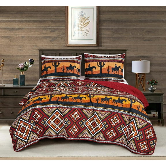 Chezmoi Collection Rodeo 2-Piece Southwestern Sunset Cowboys Quilt Set Twin, Multicolor Red Orange Black White Printed Microfiber Lightweight Bedspread Set for All season