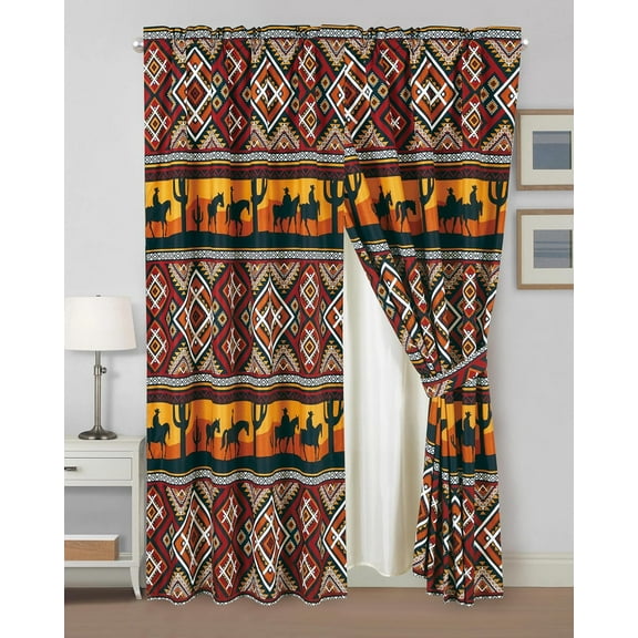 Chezmoi Collection Rodeo 4-Piece Southwestern Sunset Cowboys Window Curtain Set with Sheer Backing - Multicolor Red Orange Black White Printed Microfiber, 120 inch x 84 inch