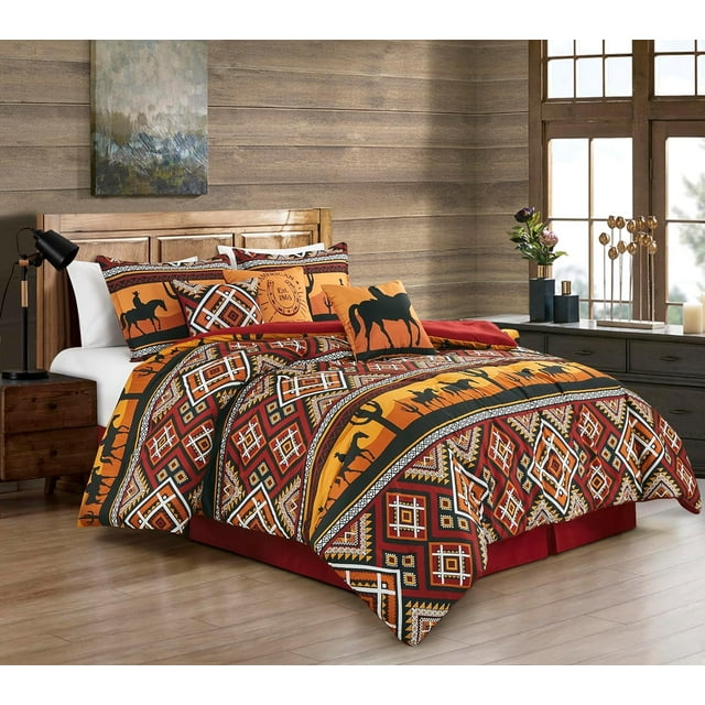Chezmoi Collection Rodeo 7-Piece Southwestern Sunset Cowboys Comforter Set - Multicolor Red Orange Black White Printed Washed Microfiber Bedding, King