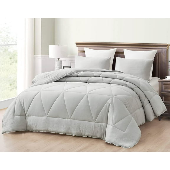Chezmoi Collection Rory Light Gray Comforter Set Queen Size 3-Piece Fluffy Soft Lightweight Bedding Triangle Quilted Stone-Washed Microfiber Comforter Set for All Season