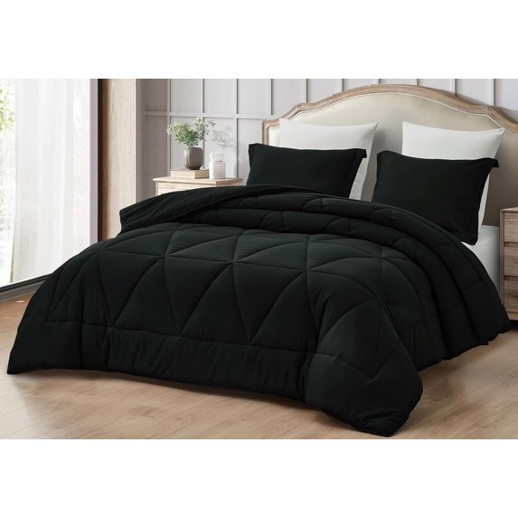 Chezmoi Collection Rory Black Comforter Set Full Size 3-Piece Fluffy Soft Lightweight Bedding Triangle Quilted Stone-Washed Microfiber Comforter Set for All Season