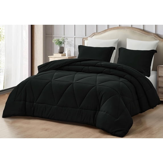 Chezmoi Collection Rory Black Comforter Set Oversized Queen Size 3-Piece Fluffy Soft Lightweight Bedding Triangle Quilted Stone-Washed Microfiber Comforter Set for All Season