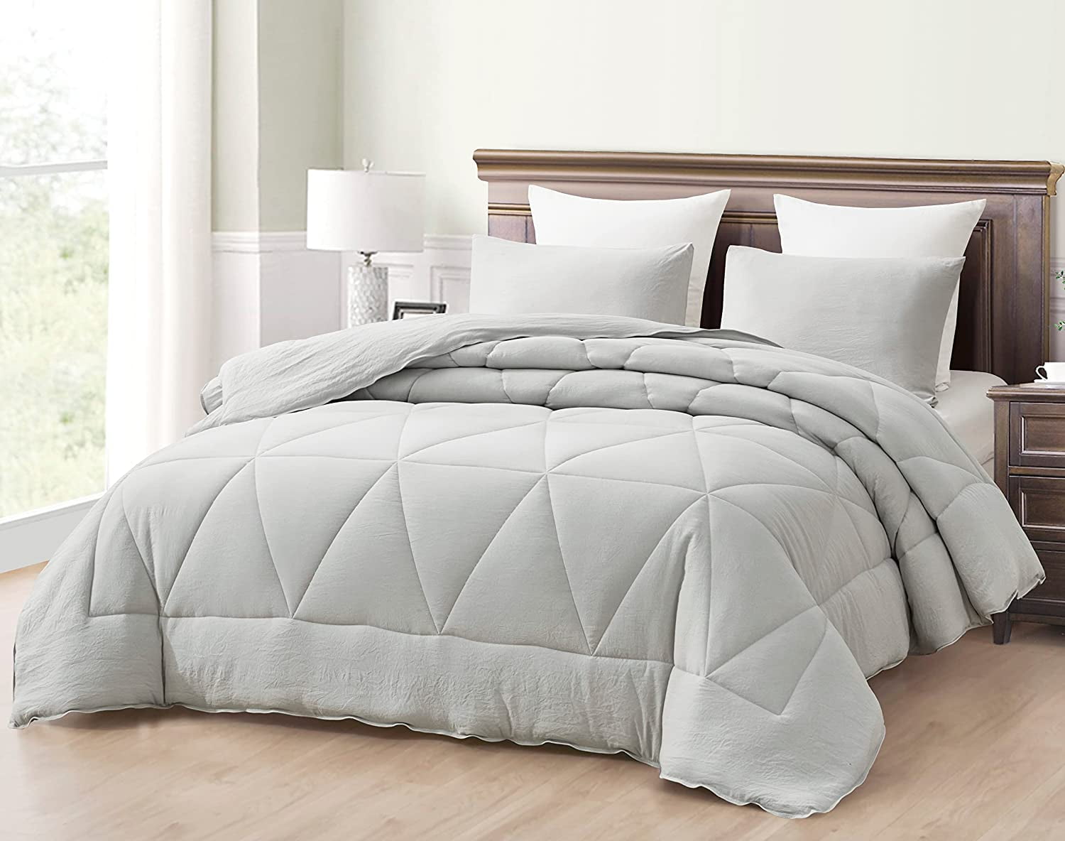 Chezmoi Collection Rory Light Gray Comforter Set King Size 3-Piece Fluffy Soft Lightweight Bedding Triangle Quilted Stone-Washed Microfiber Comforter Set for All Season