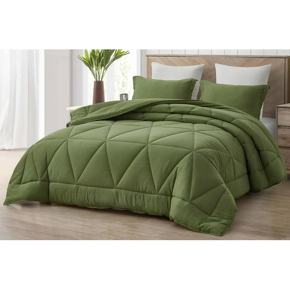 Chezmoi Collection Rory Olive Green Comforter Set King Size 3-Piece Fluffy Soft Lightweight Bedding Triangle Quilted Stone-Washed Microfiber Comforter Set for All Season