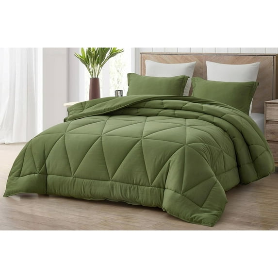 Chezmoi Collection Rory Olive Green Comforter Set King Size 3-Piece Fluffy Soft Lightweight Bedding Triangle Quilted Stone-Washed Microfiber Comforter Set for All Season