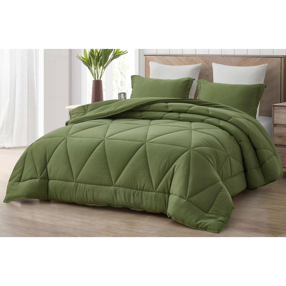Chezmoi Collection Rory Olive Green Comforter Set Oversized Queen Size 3-Piece Fluffy Soft Lightweight Bedding Triangle Quilted Stone-Washed Microfiber Comforter Set for All Season