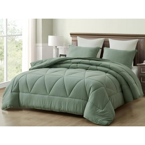 Chezmoi Collection Rory Sage Green Comforter Set Queen Size 3-Piece Fluffy Soft Lightweight Bedding Triangle Quilted Stone-Washed Microfiber Comforter Set for All Season