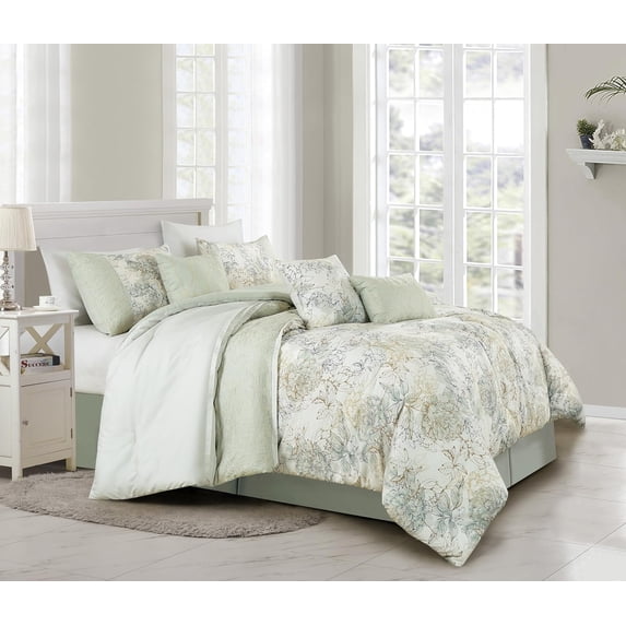 Chezmoi Collection Rosaline 7-Piece Floral Botanical Comforter Set California King, Floral Embroidery Soft Green Gray Floral Printed Lightweight Bedding Set