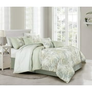 Chezmoi Collection Rosaline 7-Piece Floral Botanical Comforter Set Queen, Floral Embroidery Soft Green Gray Floral Printed Lightweight Bedding Set