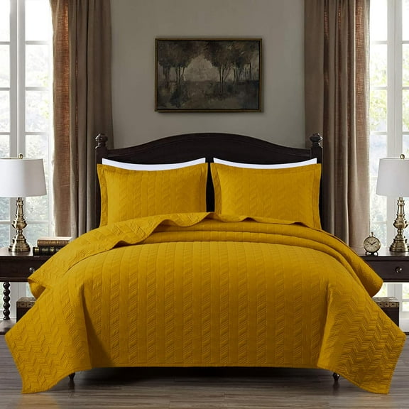 Chezmoi Collection Roswell Geometric Striped Solid Cotton Lightweight Quilt for All Seasons, 3-Piece Quilt Set, King, Mustard Yellow