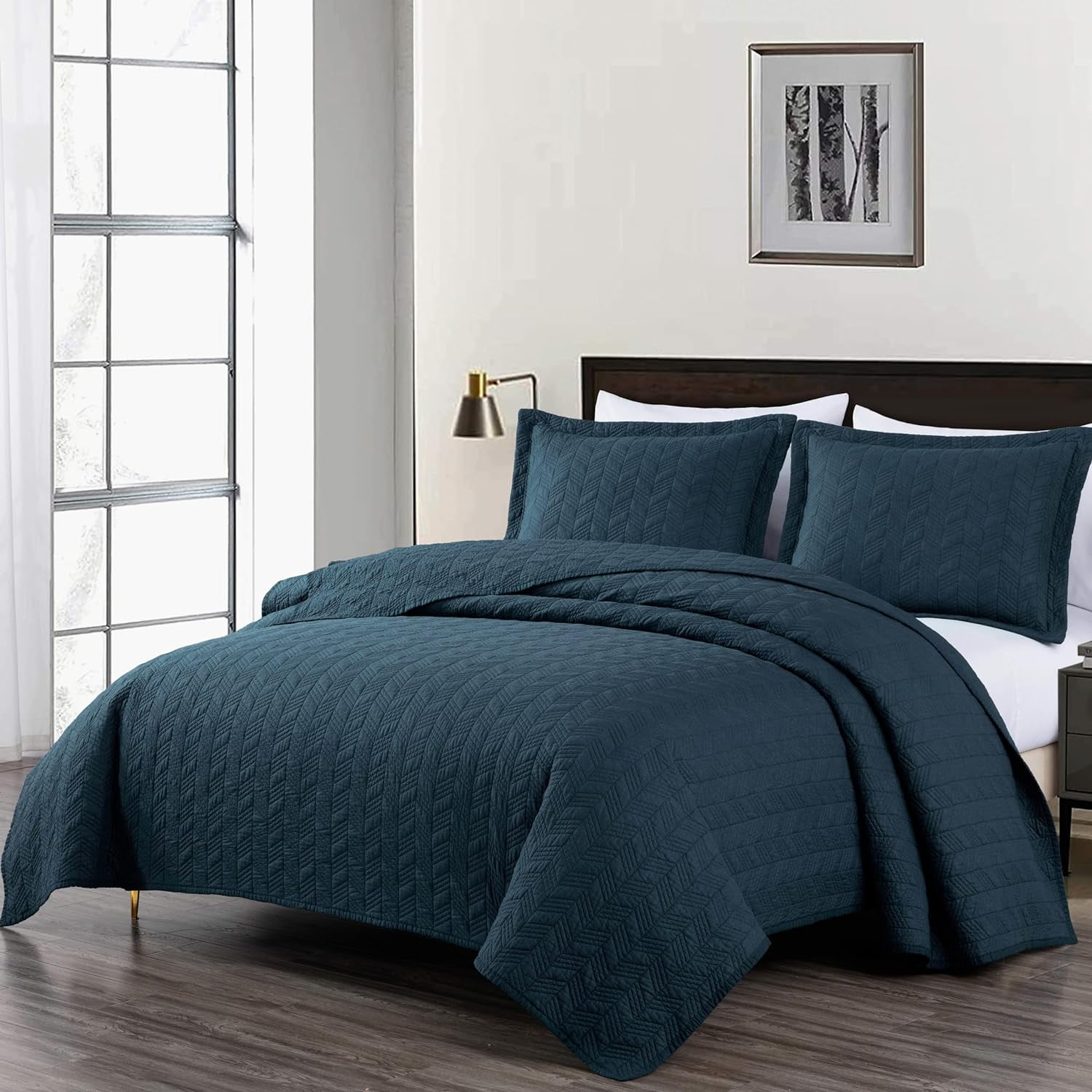 Dark Blue Queen Cotton Reversible Quilt Set