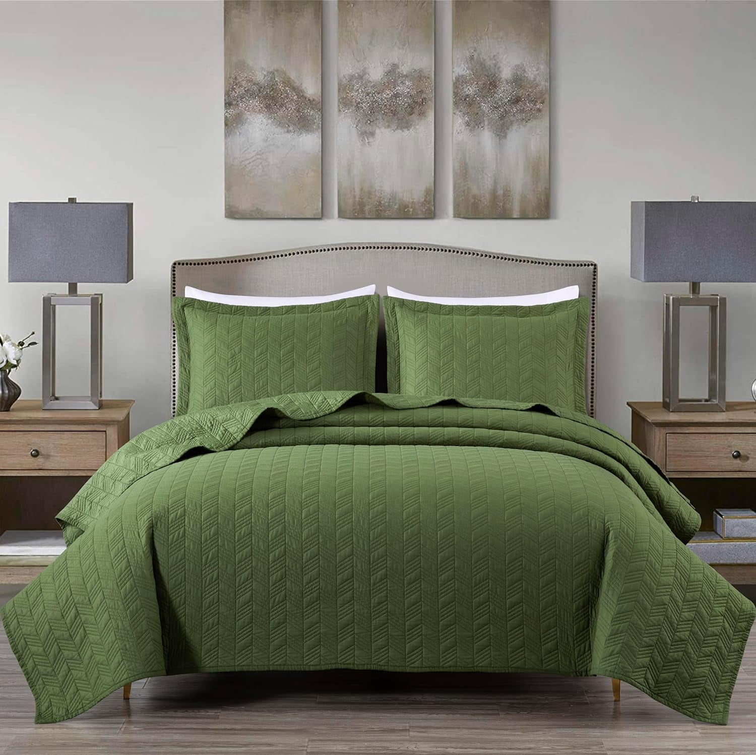 Loden Green Cotton Queen Reversible Quilt Set